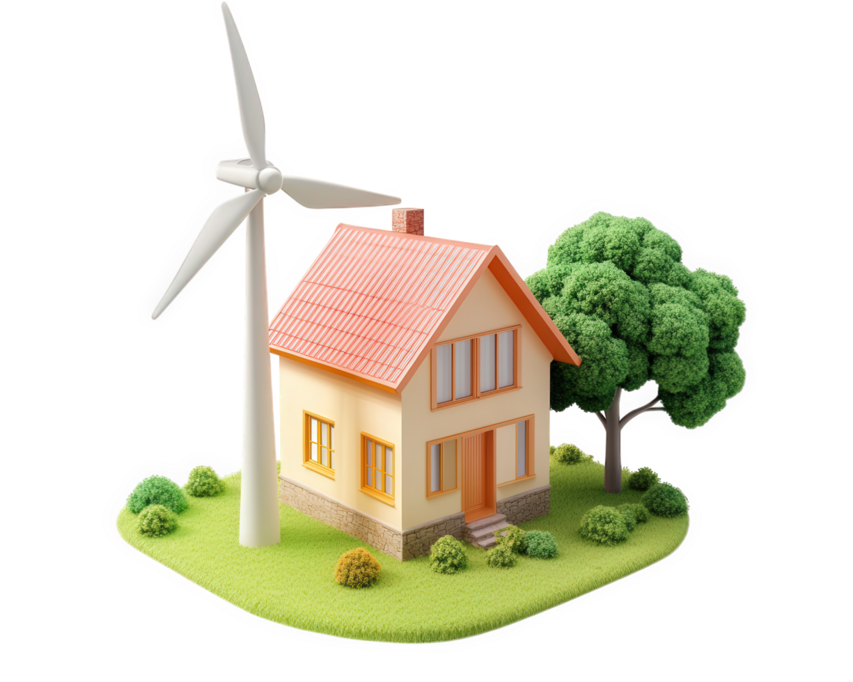 A house with a wind turbine and a tree png