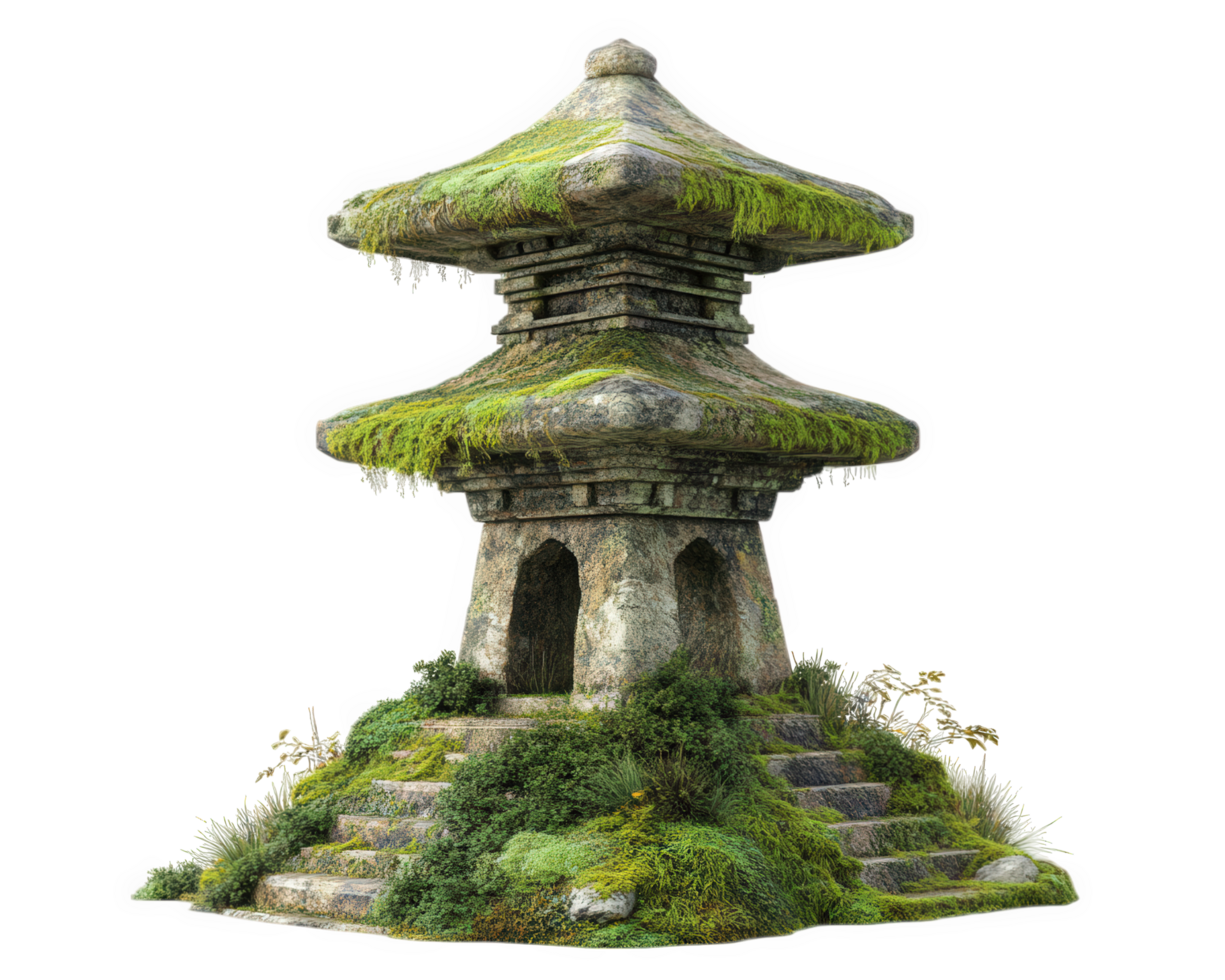 A stone pagoda with moss growing on it png