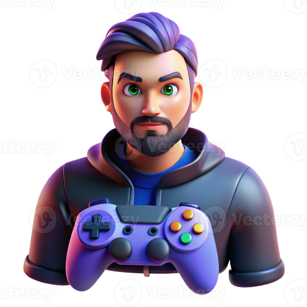vibrant minimalist Portrait of a gamer with a controller, focused and intense, with colorful game lighting and dynamic action, in a gaming aesthetic detailed png