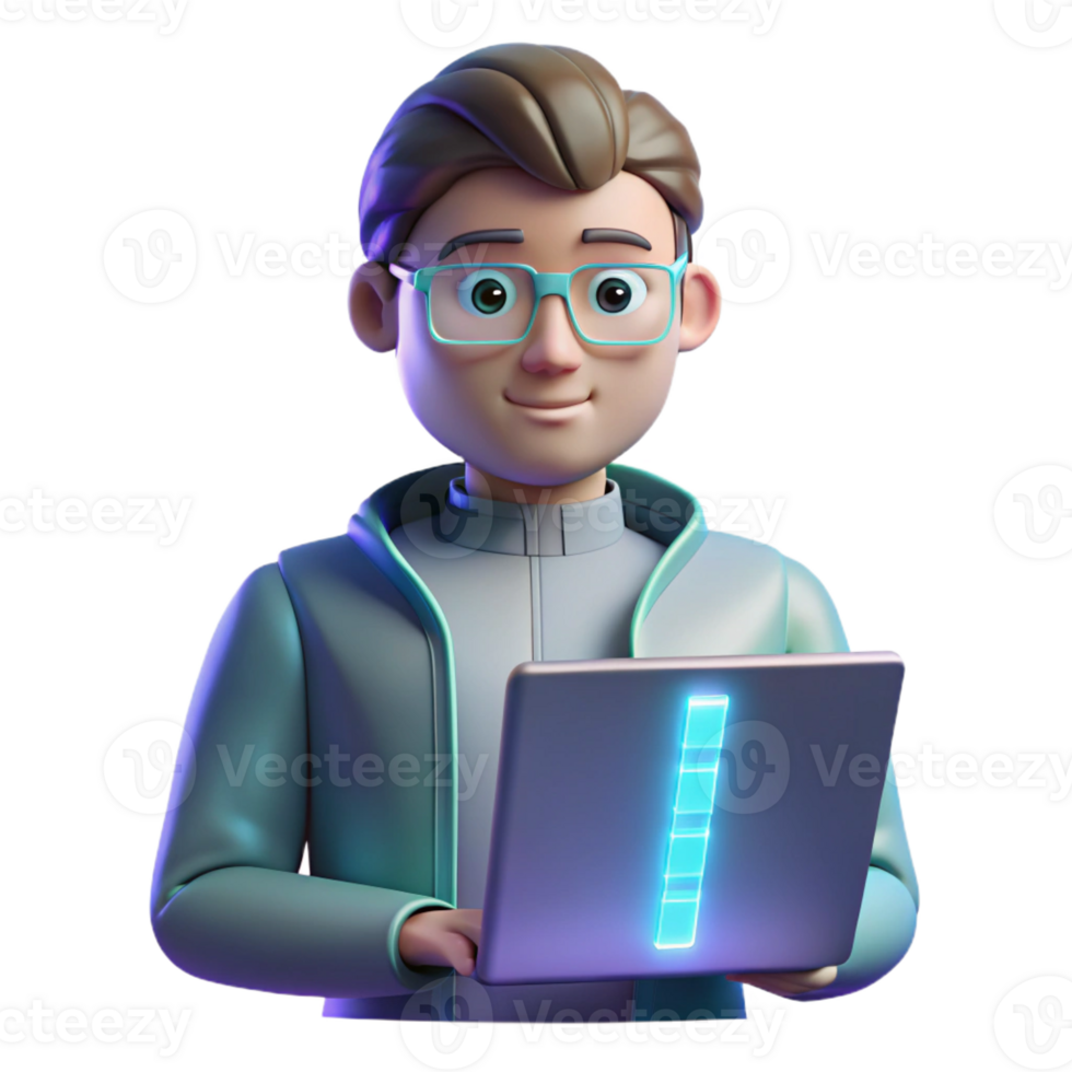 serene artistic Portrait of a programmer with a laptop, coding, with glowing screen light and a futuristic atmosphere, in a cyberpunk style premium png