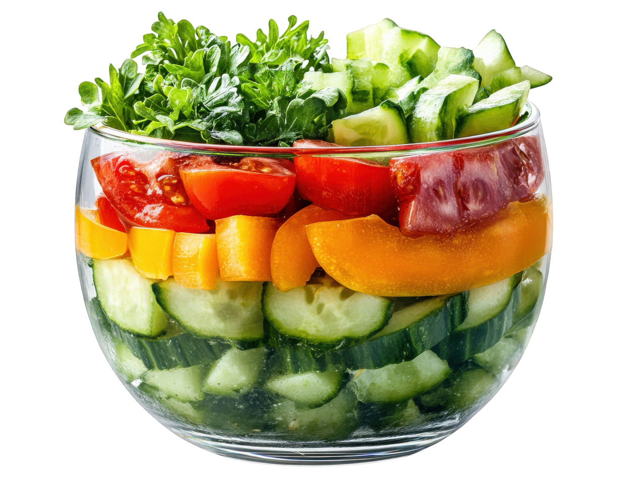 A bowl filled with cucumbers, tomatoes, and peppers png