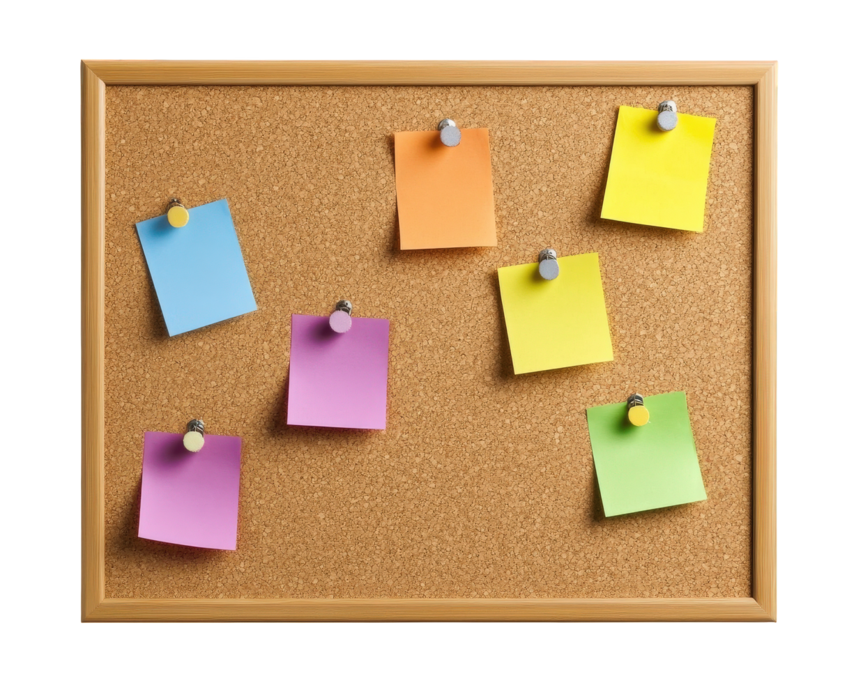 A cork board with sticky notes pinned to it png