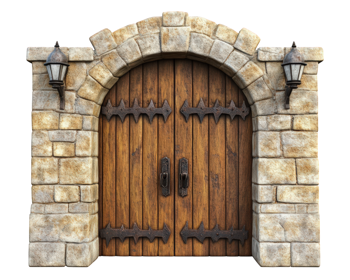 An old wooden door with stone walls and a lantern png