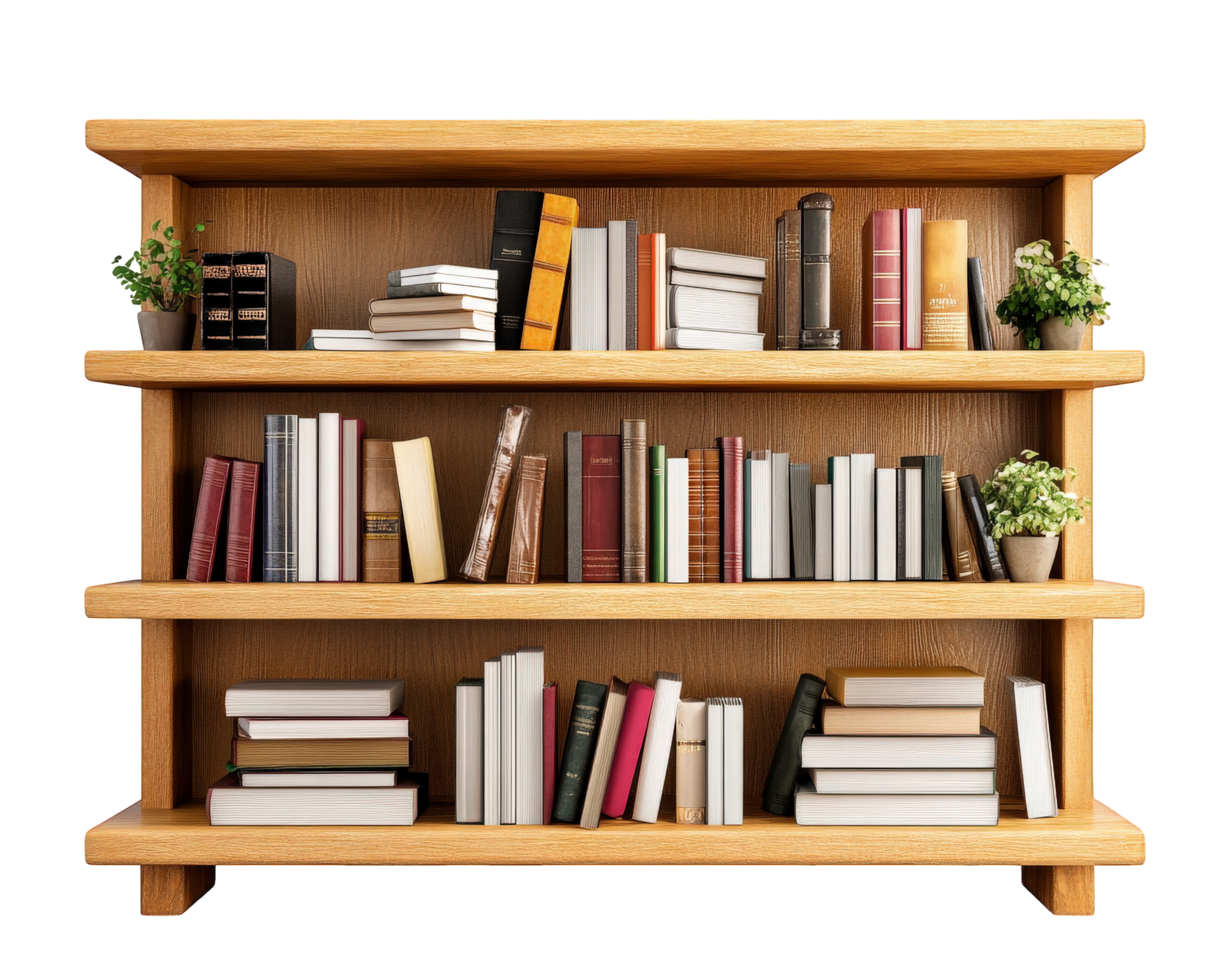 A wooden book shelf with books and plants png