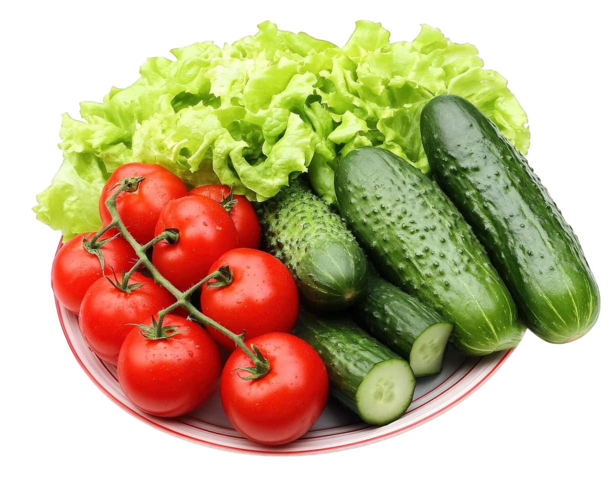A plate with tomatoes, cucumbers and lettuce png