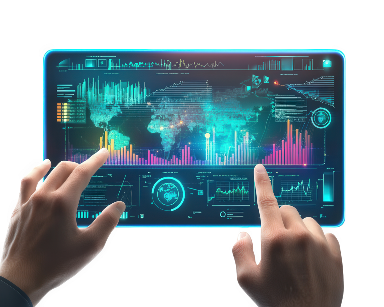 Hands holding a tablet with a digital interface png