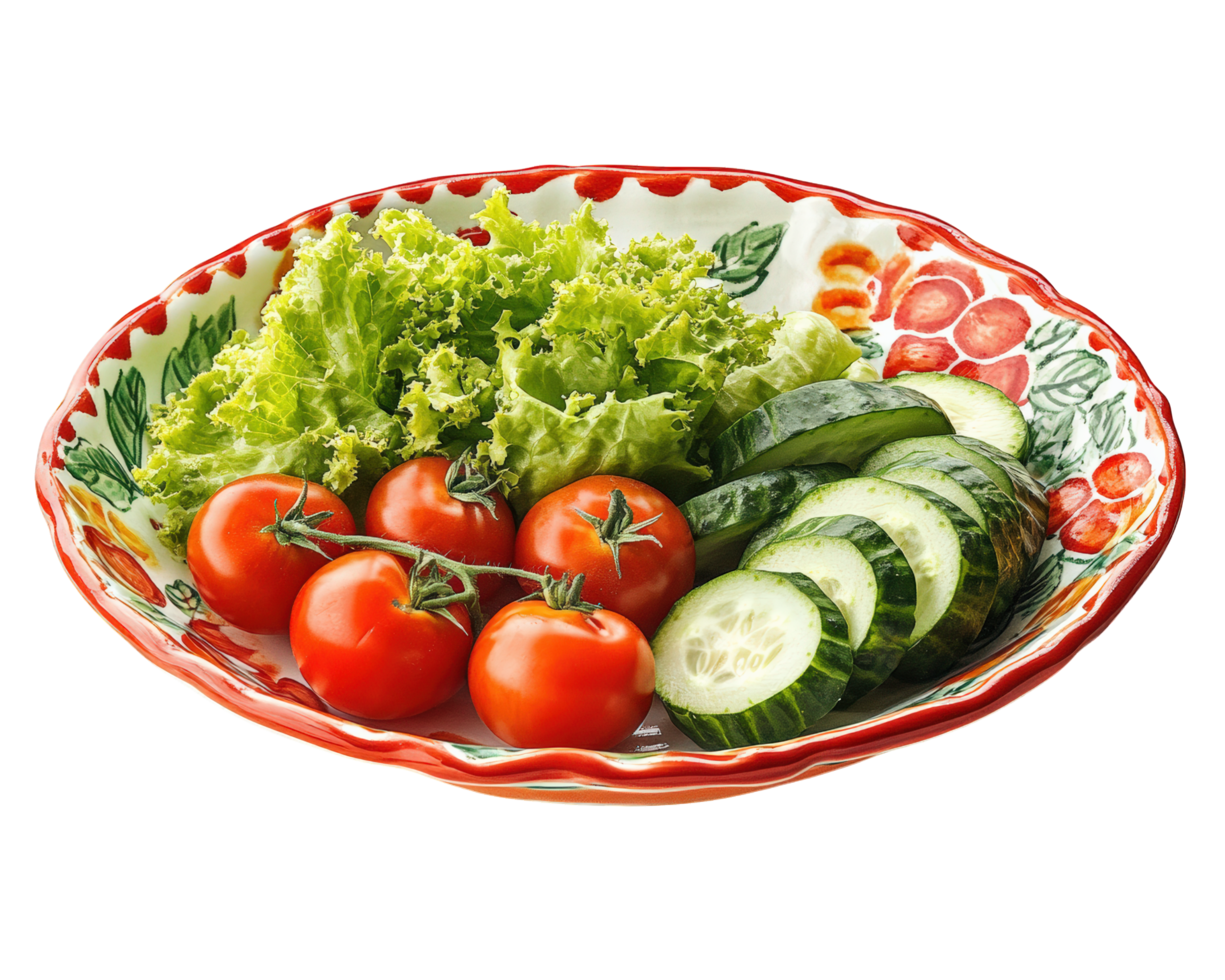 A colorful plate with tomatoes, cucumbers and lettuce png