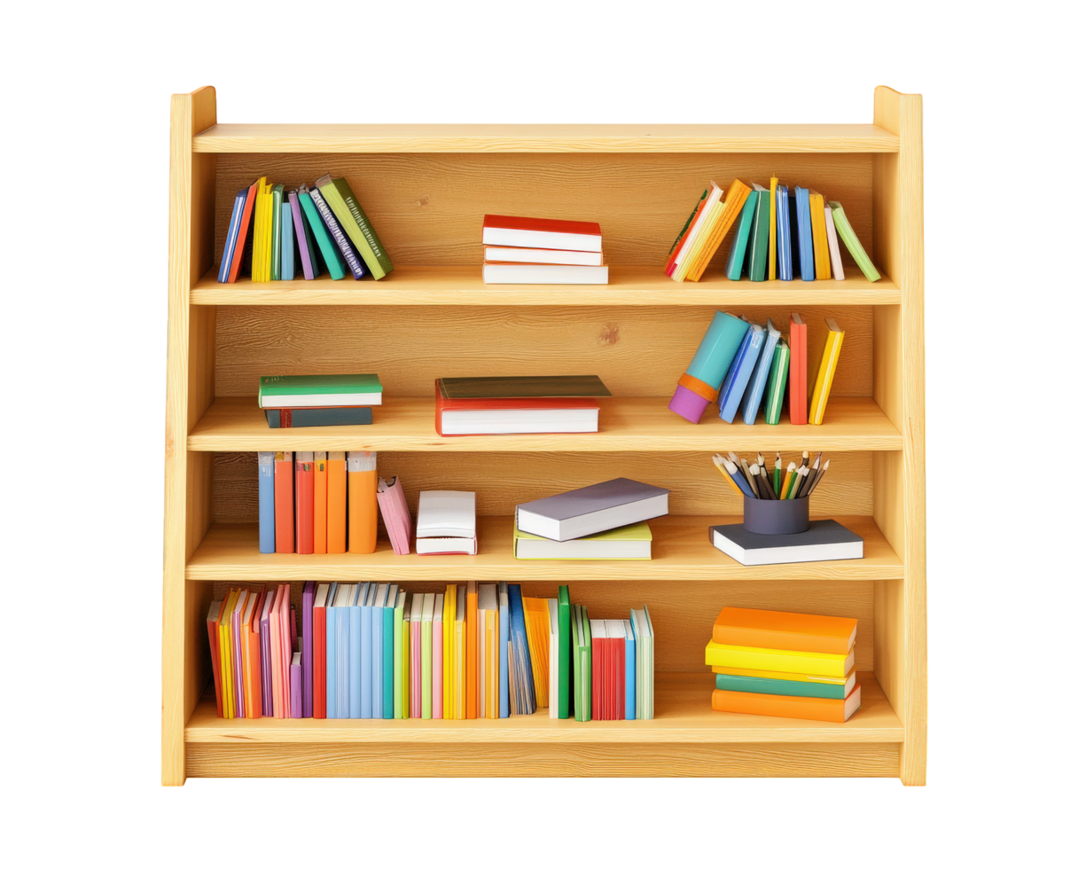 A wooden bookcase with books and pencils png