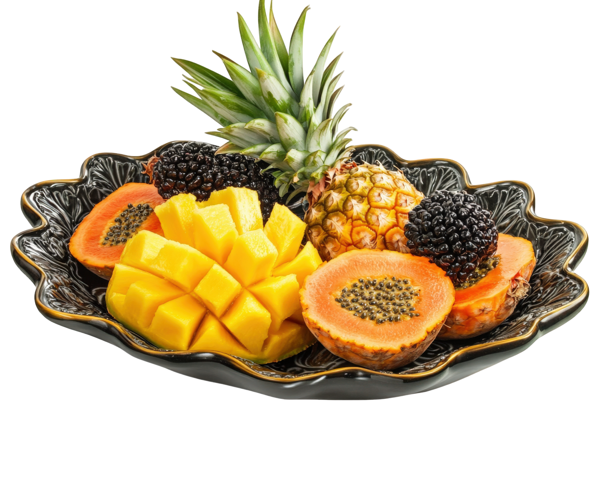 A bowl of fruit with a pineapple, blackberries, and mangoes png
