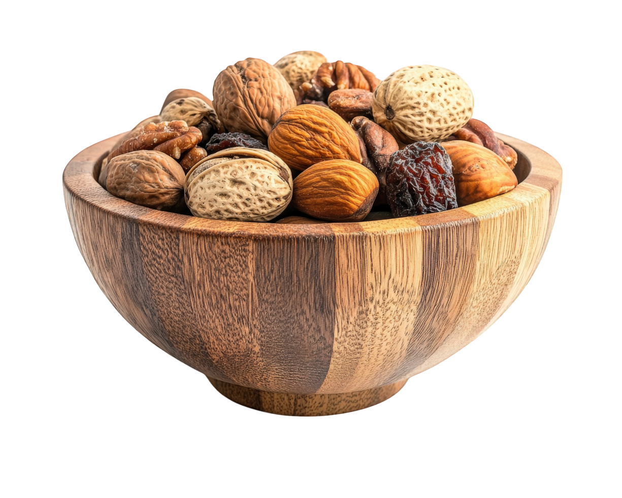 A wooden bowl filled with nuts and dried fruit png