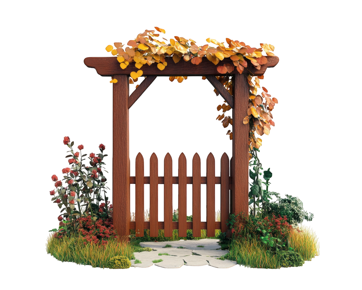 A wooden gate with vines and flowers png