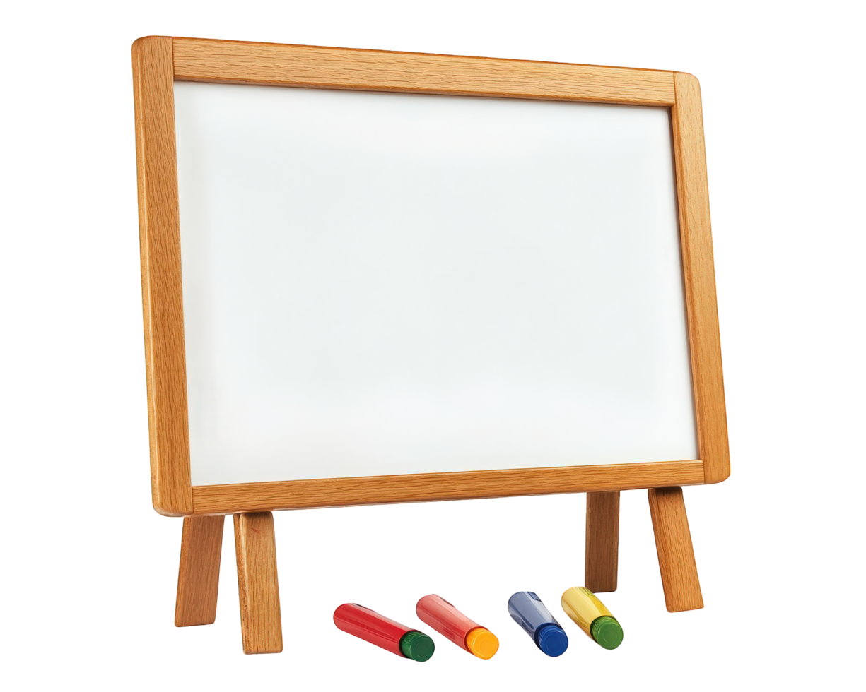 A white board with markers and crayons png