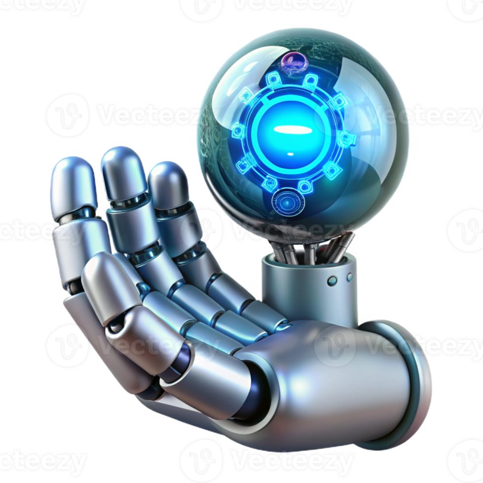 impressive vintage A chrome robotic hand delicately holding a glowing orb of data, intricate circuitry visible beneath the metallic skin, lit by a soft blue neon glow, cyberpunk style exclusive png
