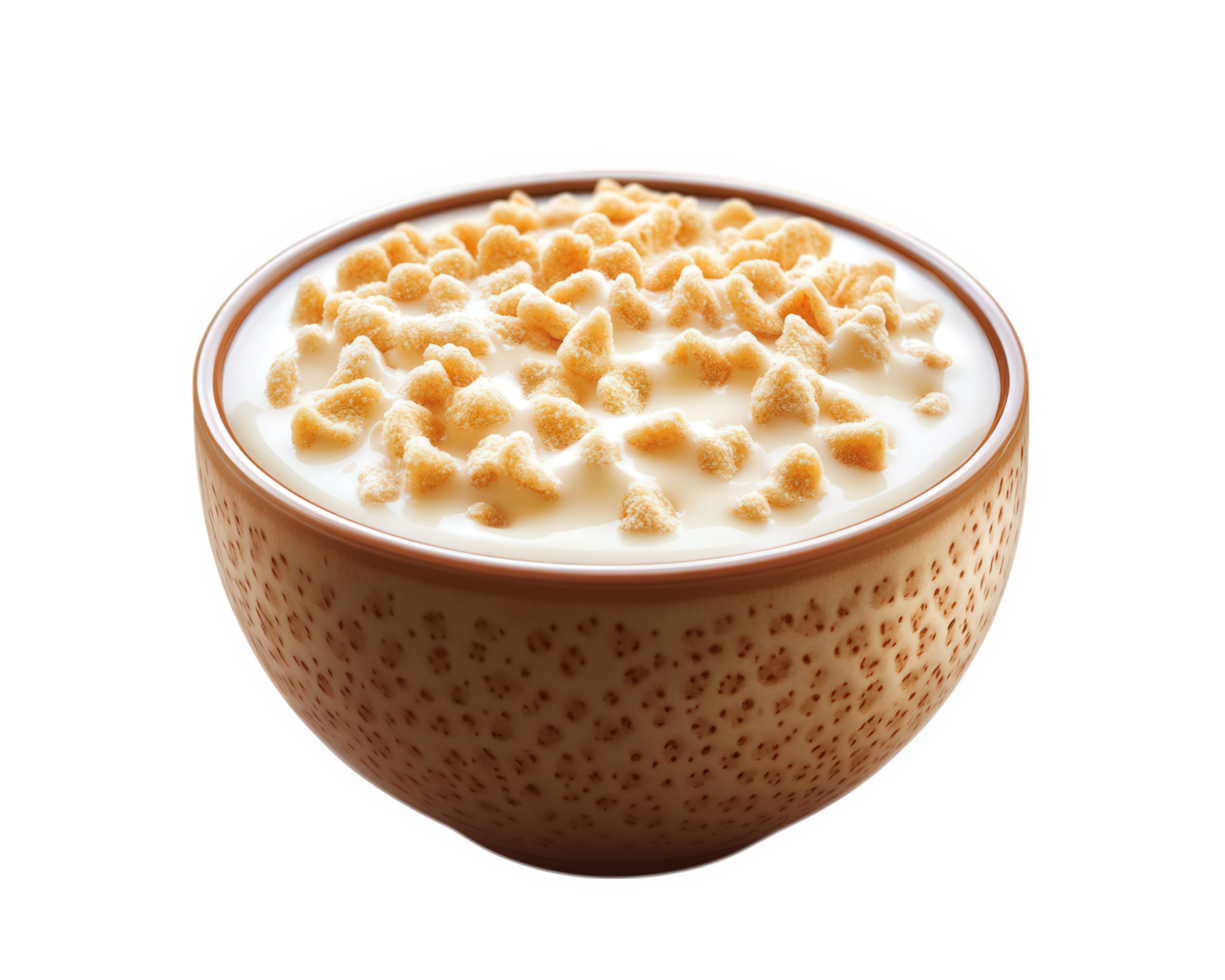 A bowl of white milk with cereal in it png