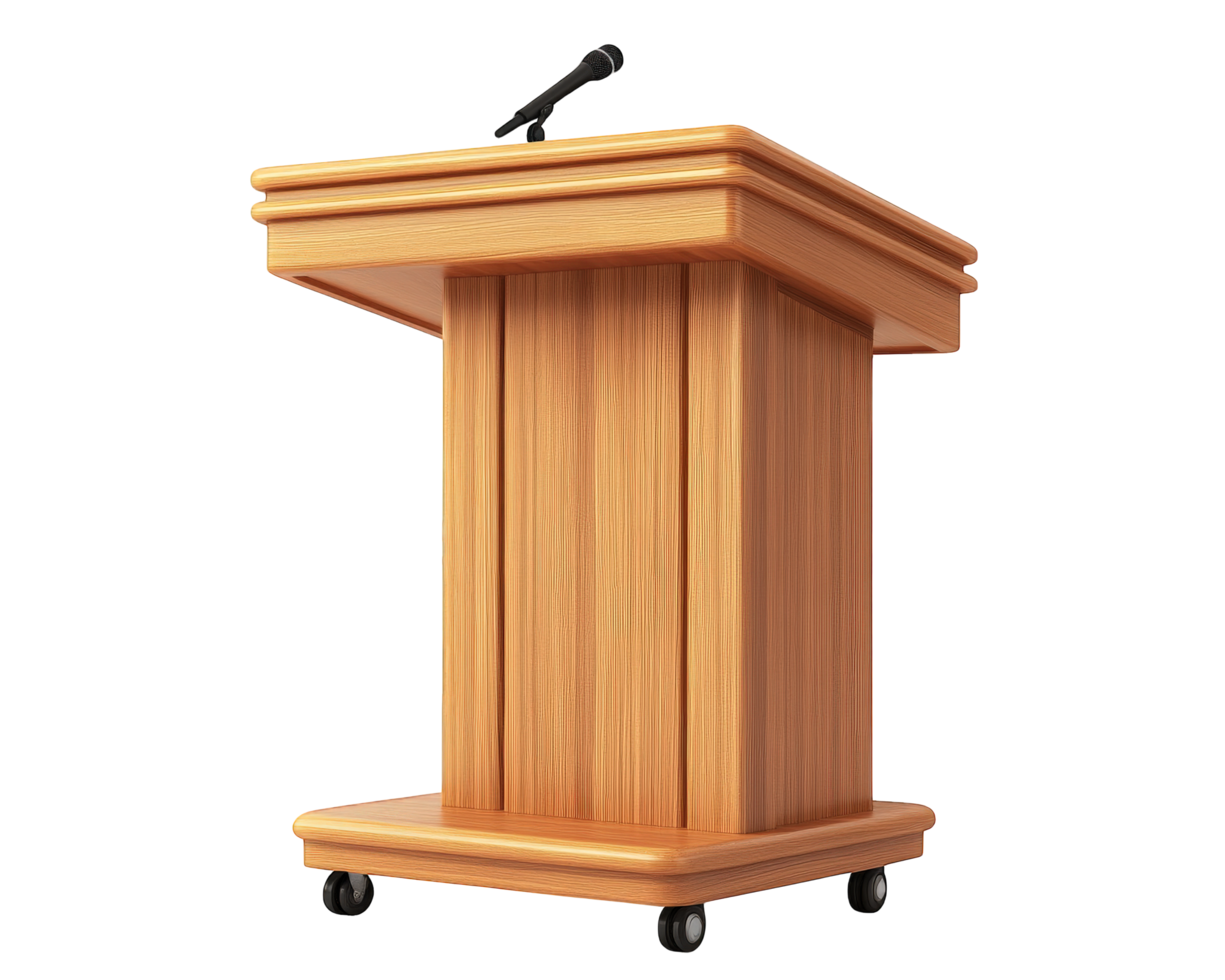 Wooden podium with microphone isolated on black background png