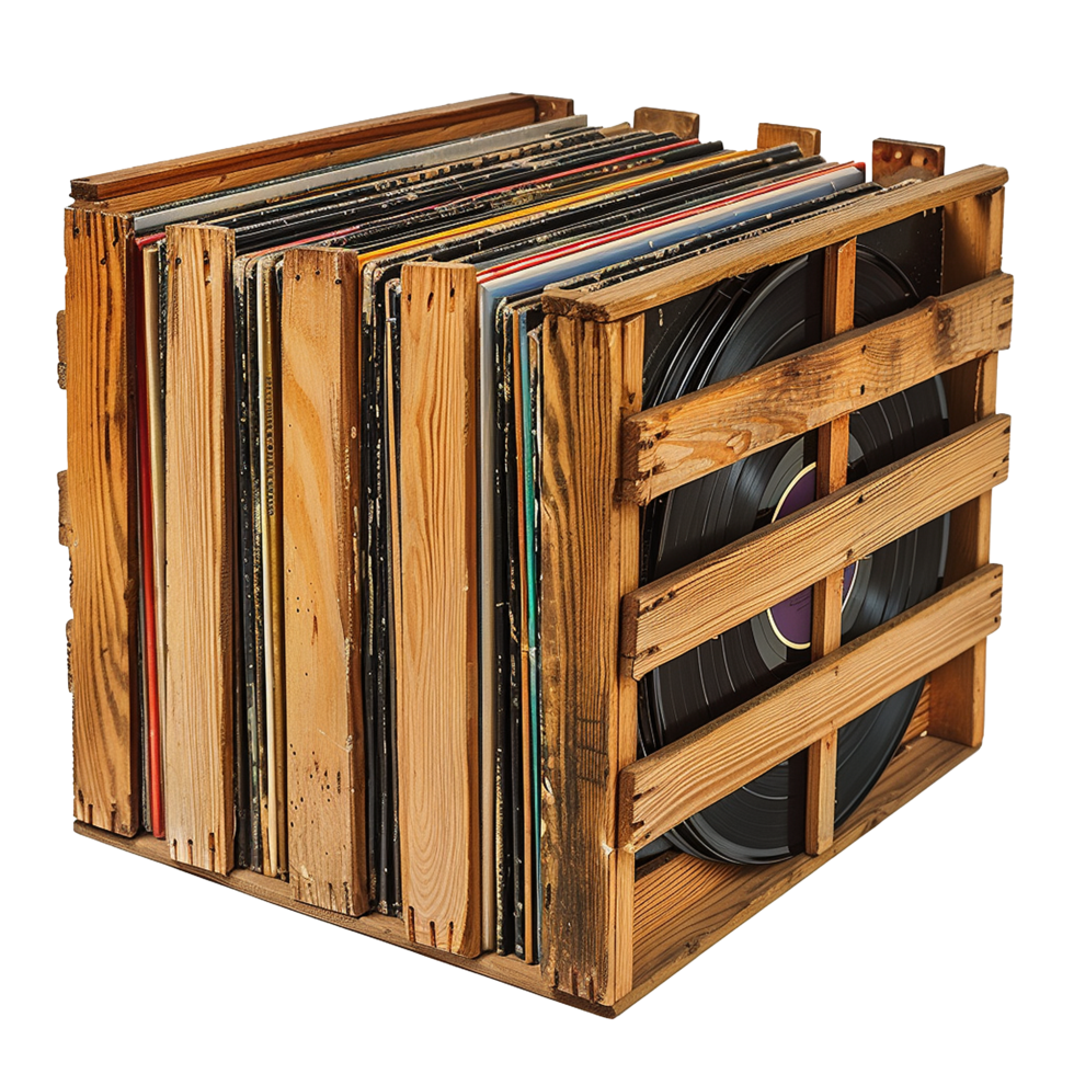Wooden Crate Filled with a Collection of Vinyl Records png