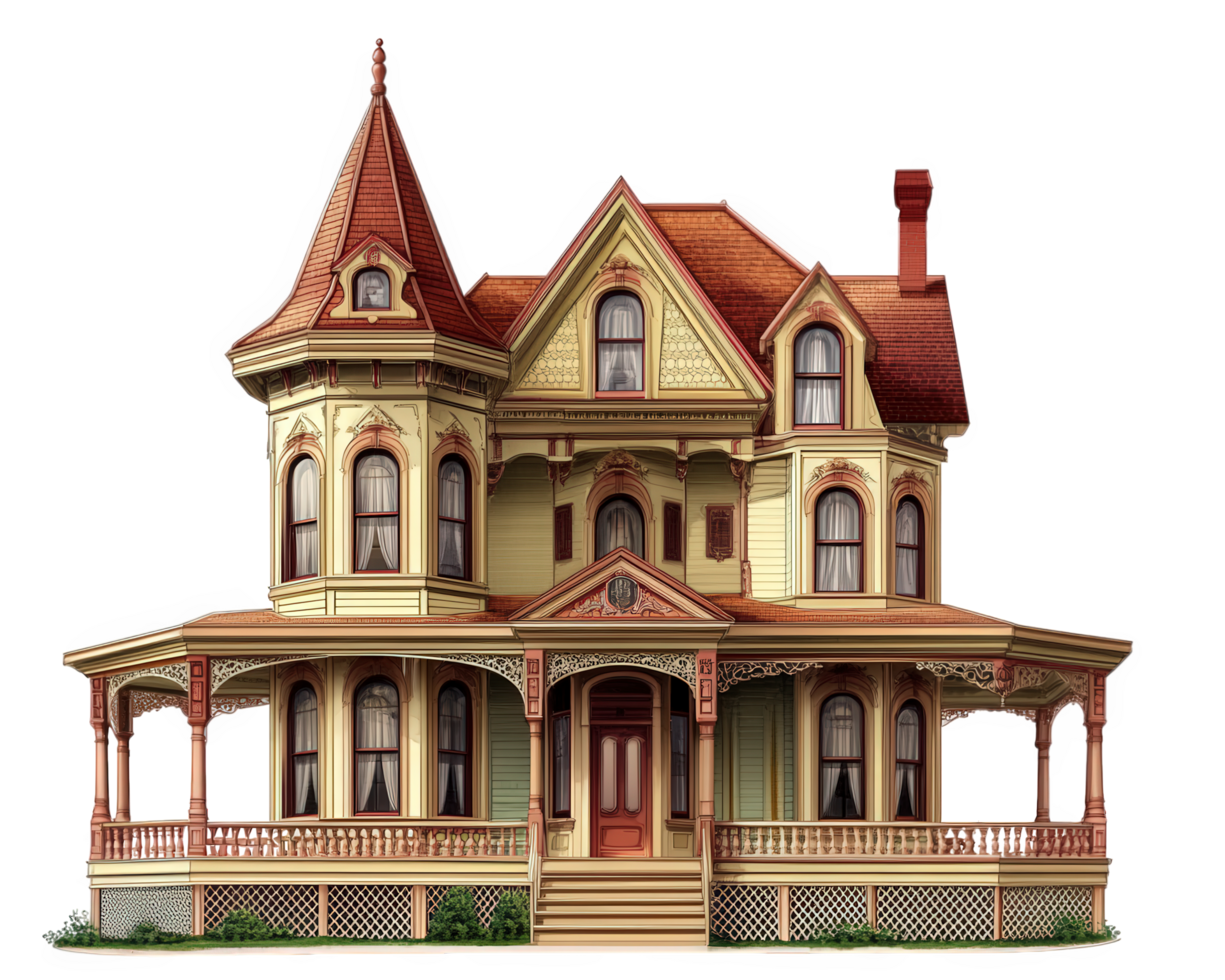A victorian house with a porch and a porch png