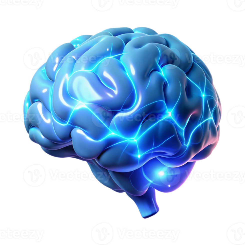 wonderful modern A holographic projection of a human brain, pulsating with vibrant energy and data streams, lit by an ethereal blue glow, bioluminescent style genuine png