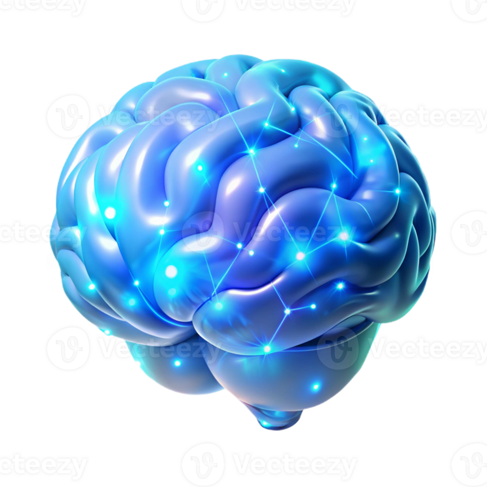 beautiful creative A holographic projection of a human brain, pulsating with vibrant energy and data streams, lit by an ethereal blue glow, bioluminescent style original png