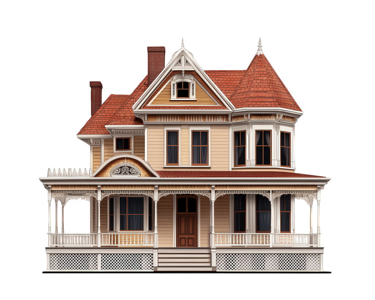 A large victorian house with a porch and a porch png