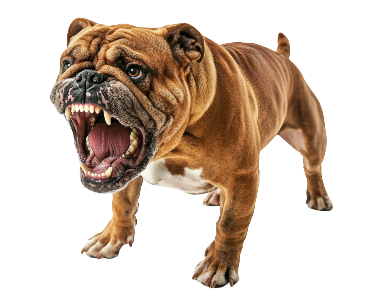 An angry bulldog is standing with its mouth open png