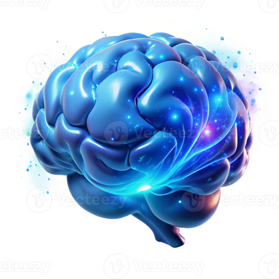 extraordinary abstract A holographic projection of a human brain, pulsating with vibrant energy and data streams, lit by an ethereal blue glow, bioluminescent style premium png