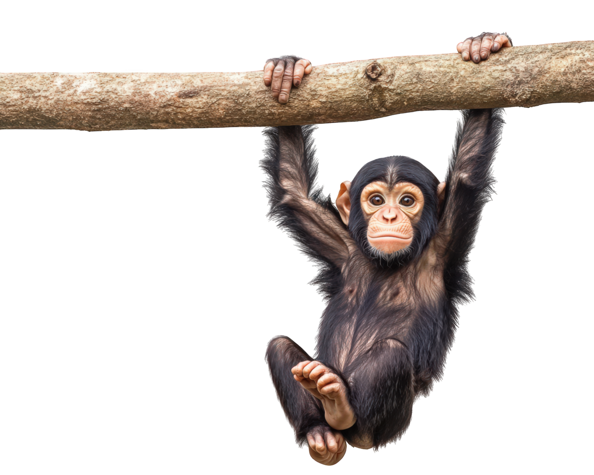 A chimpanzee hanging from a tree branch png