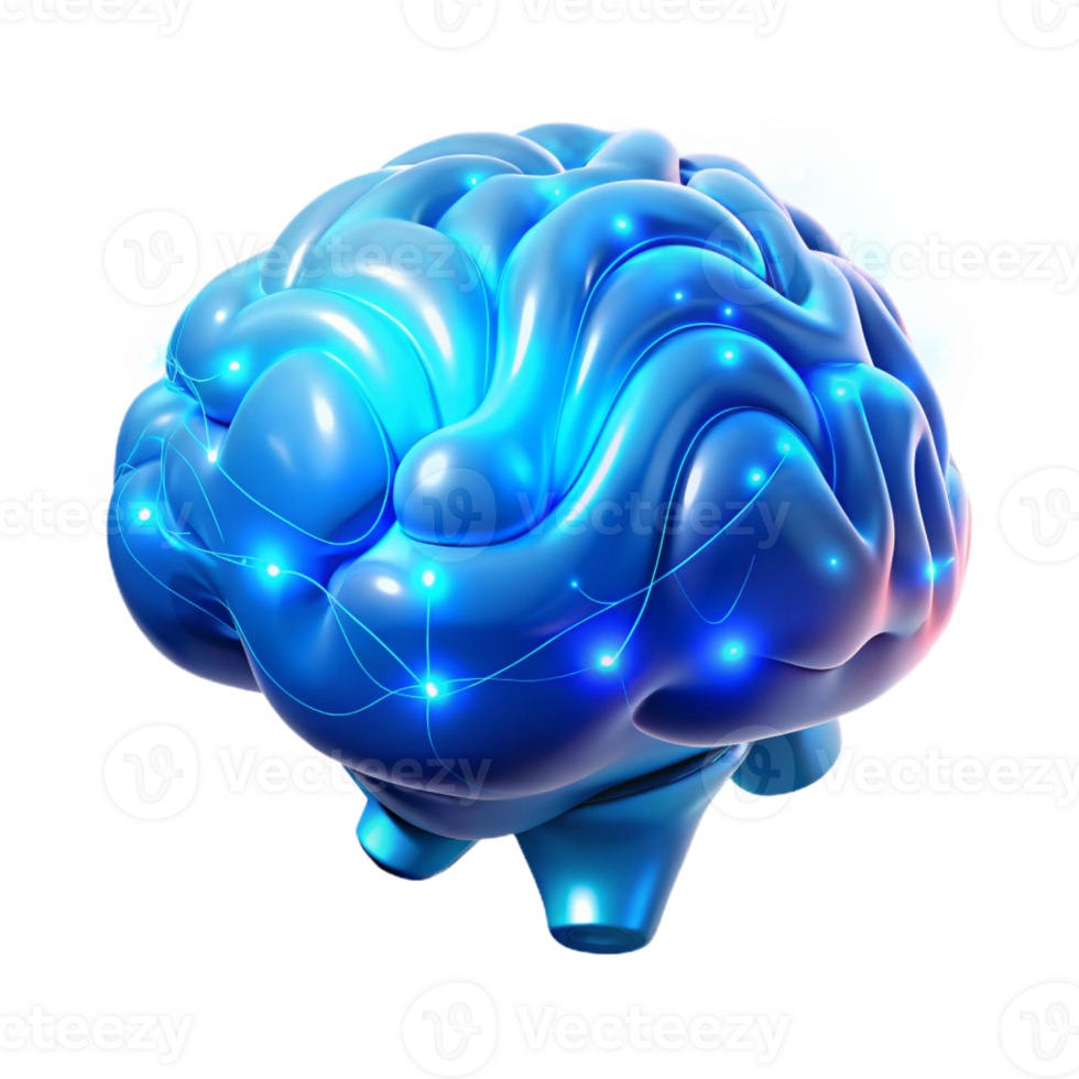 wonderful artistic A holographic projection of a human brain, pulsating with vibrant energy and data streams, lit by an ethereal blue glow, bioluminescent style premium png