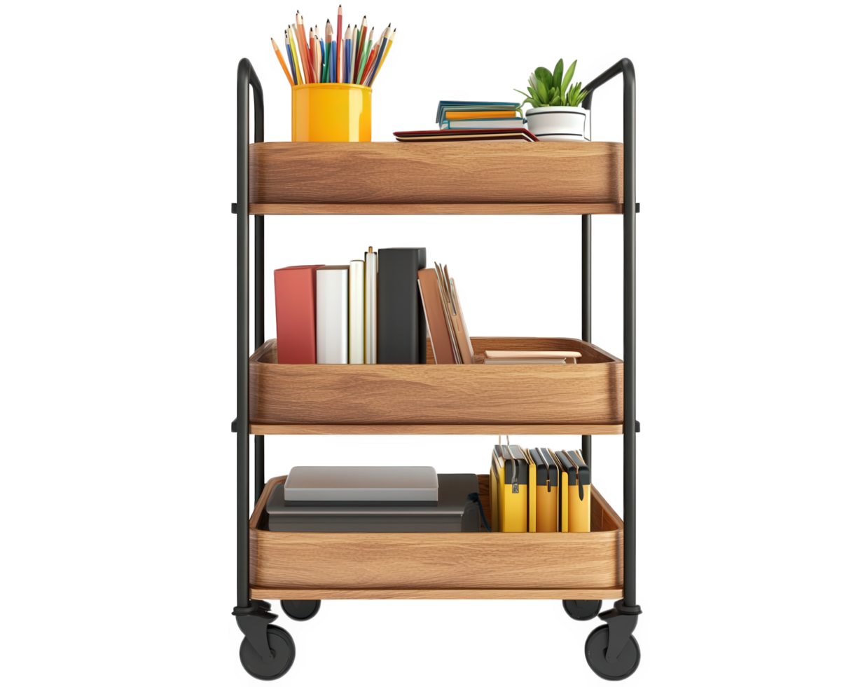 A wooden cart with books and pencils on it png