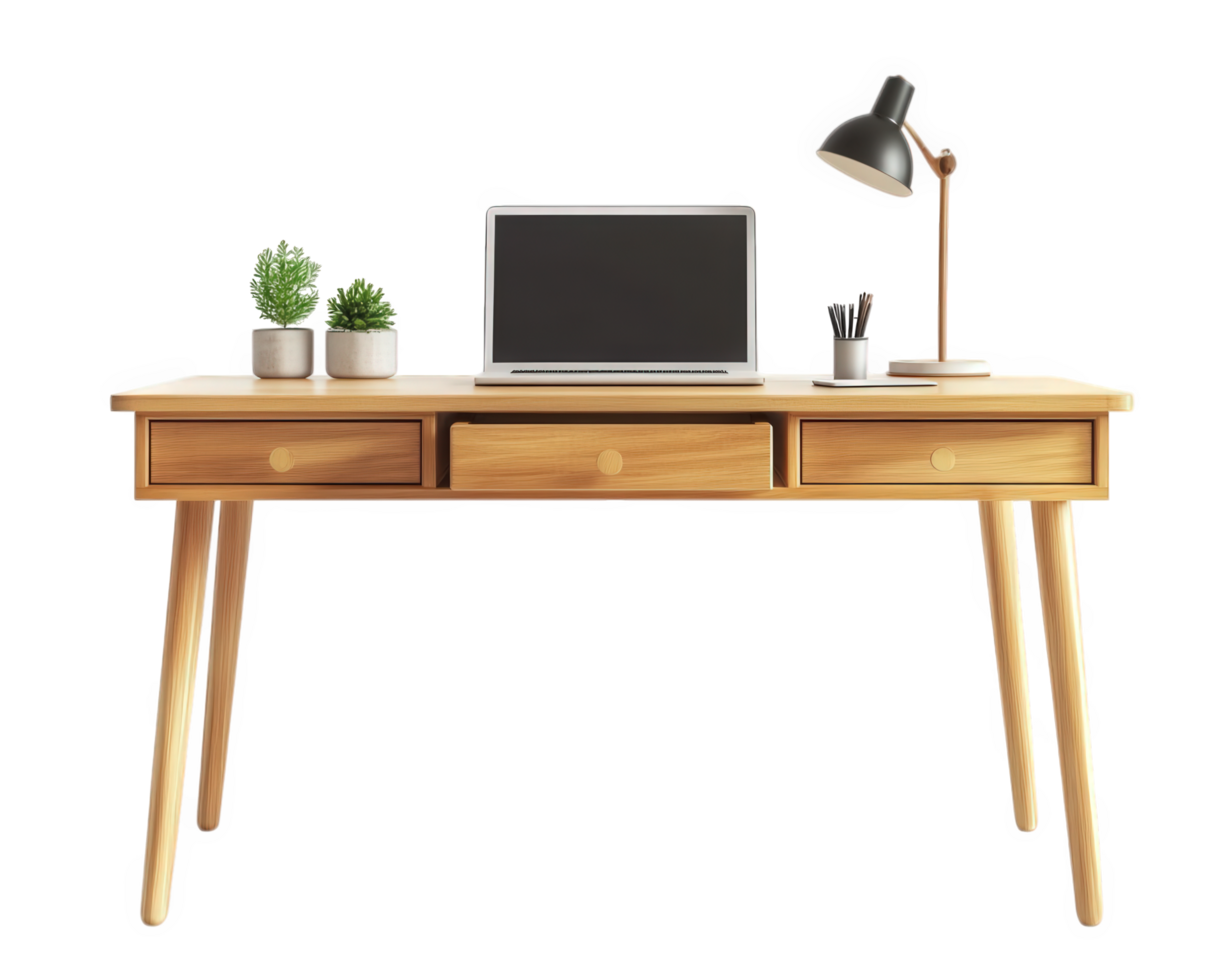 A wooden desk with a laptop and a lamp png