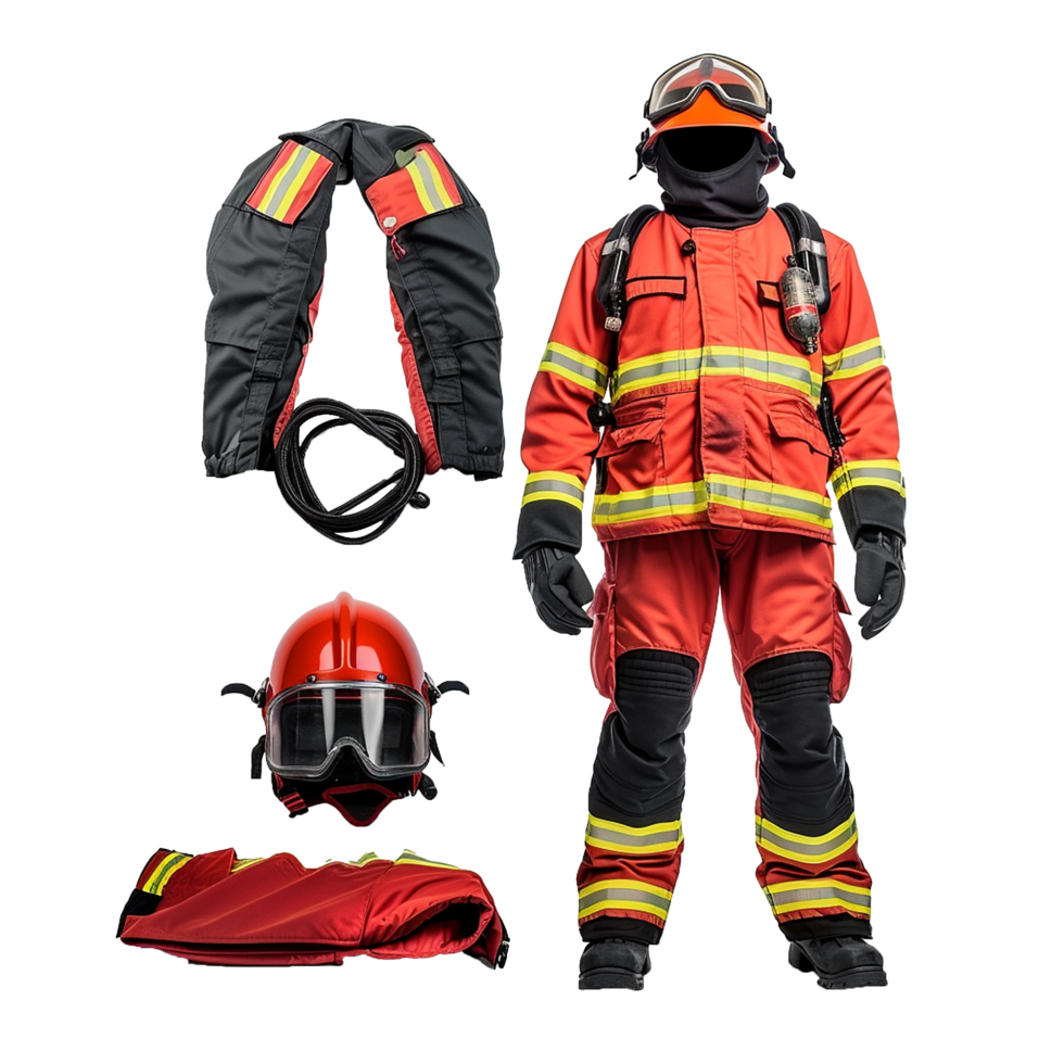 Complete Firefighter Protective Gear Set Including Helmet Jacket Pants Gloves and Boots png