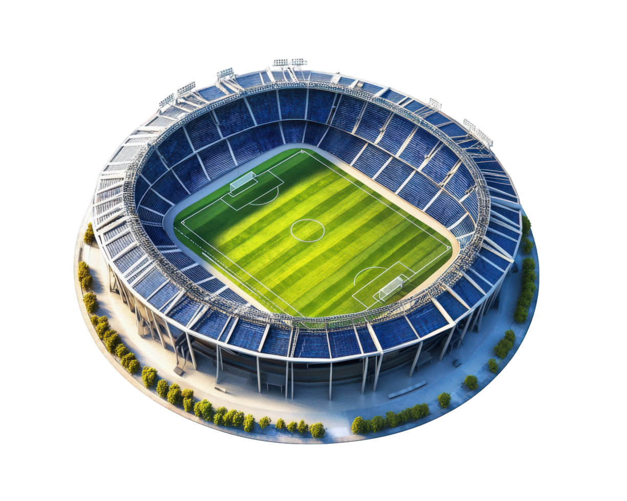 A soccer stadium with a green field png