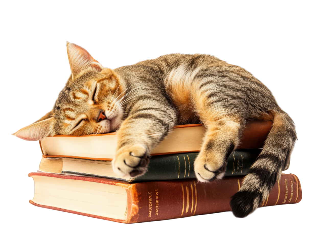 A cat sleeping on a stack of books png