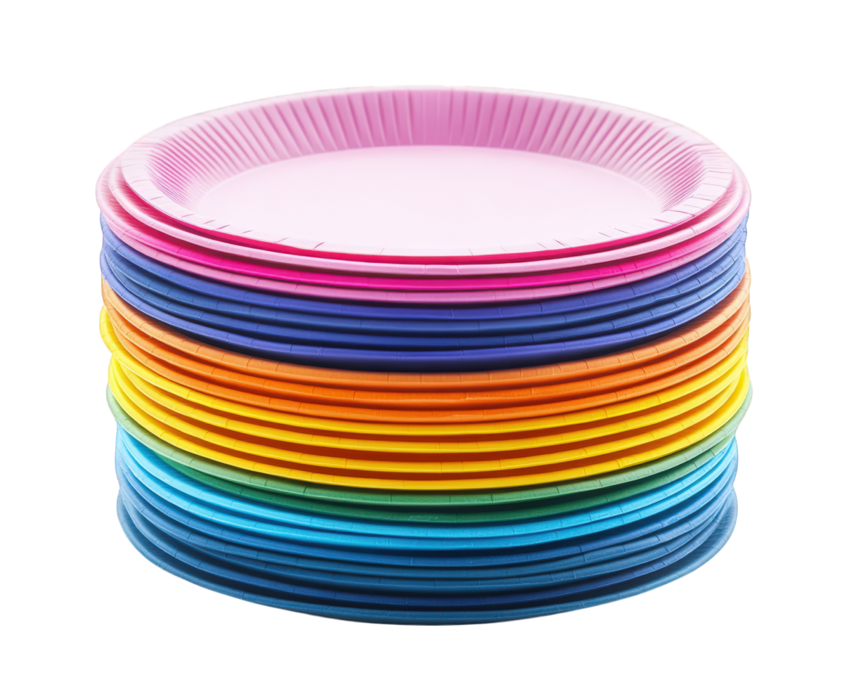 A stack of paper plates with rainbow colors png