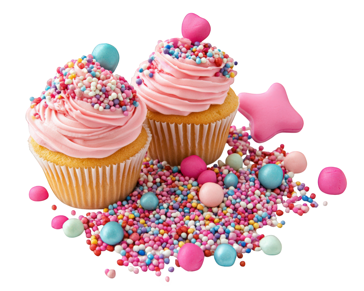 Two cupcakes with pink frosting and sprinkles png