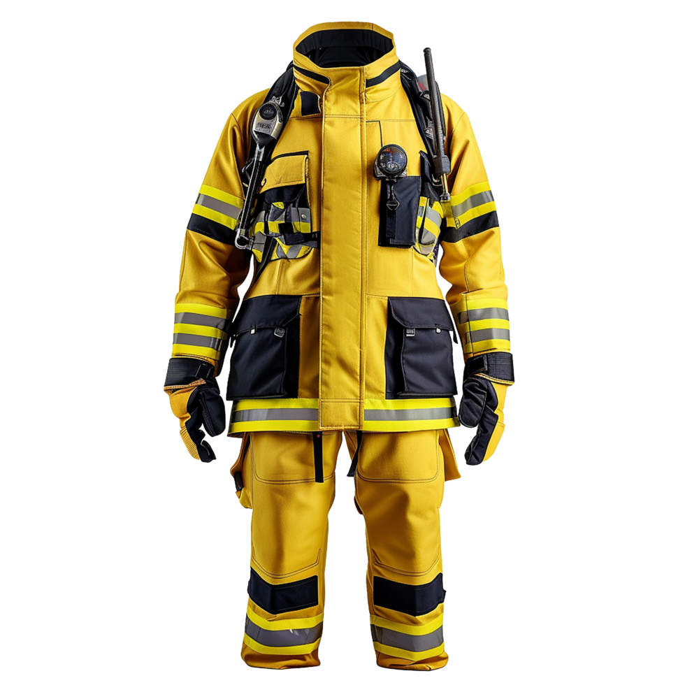 Professional Firefighter Protective Gear Uniform in Yellow and Black png