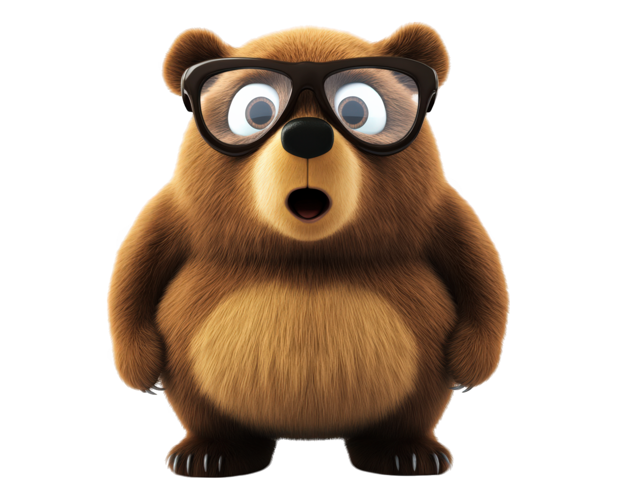 A cartoon bear wearing glasses and looking surprised png