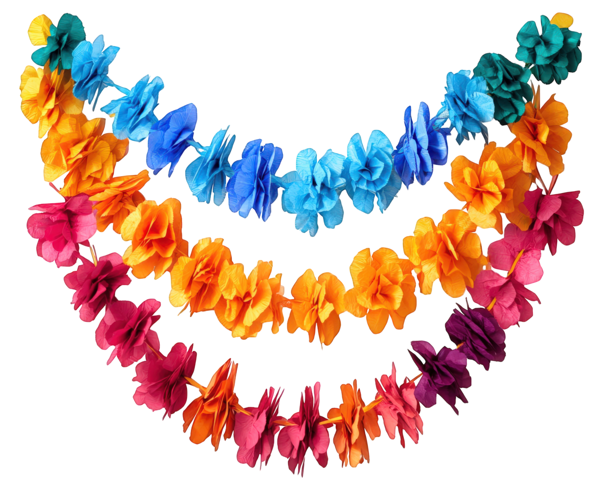 A garland of colorful paper flowers on a black background png