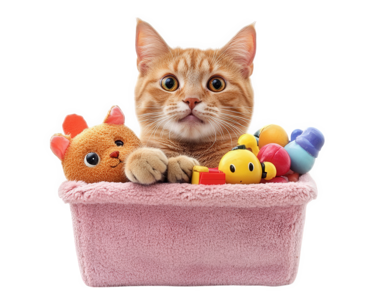 A cat is sitting in a pink basket with toys png