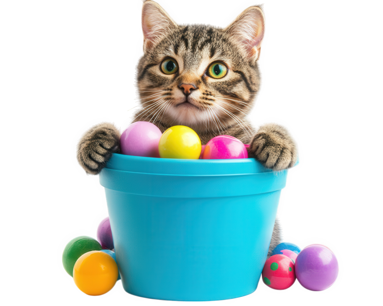 A cat sitting in a bucket with colorful easter eggs png