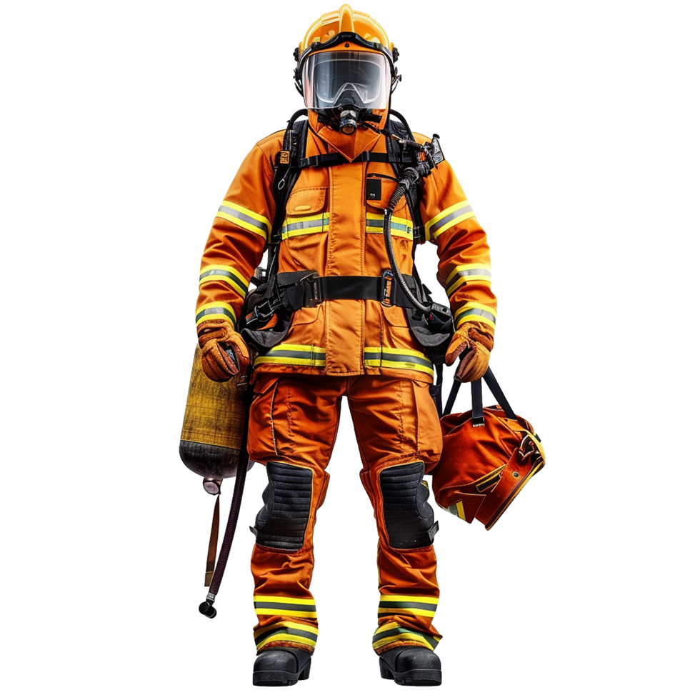 A Fully Equipped Firefighter Ready for Action in Orange Gear png