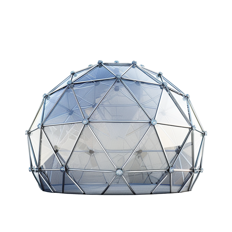 Futuristic geodesic dome structure with glass panels and metallic framework png