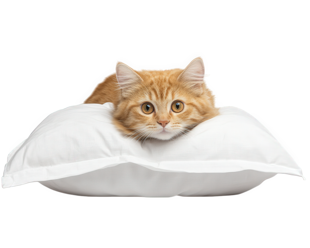 An orange cat laying on top of a pillow png