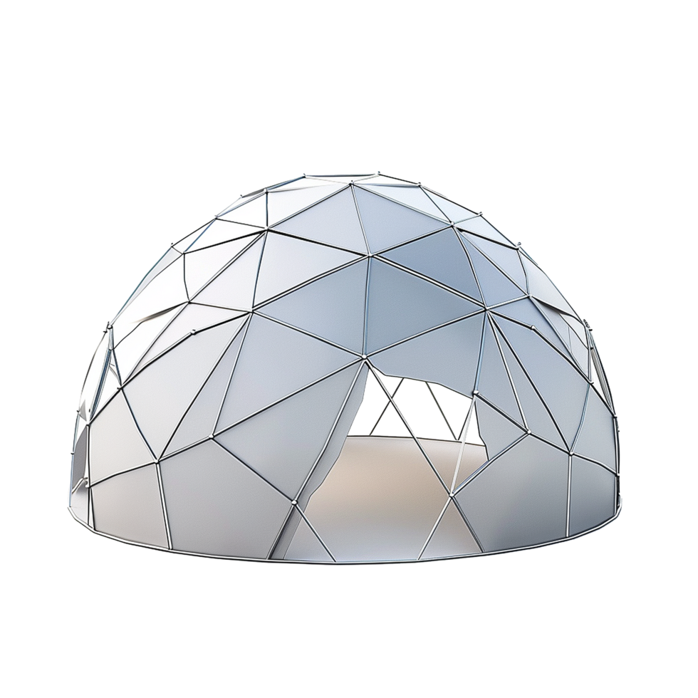 A partially disassembled geodesic dome structure, architectural model, 3D render, modern design, futuristic building, innovative construction, geometric framework png