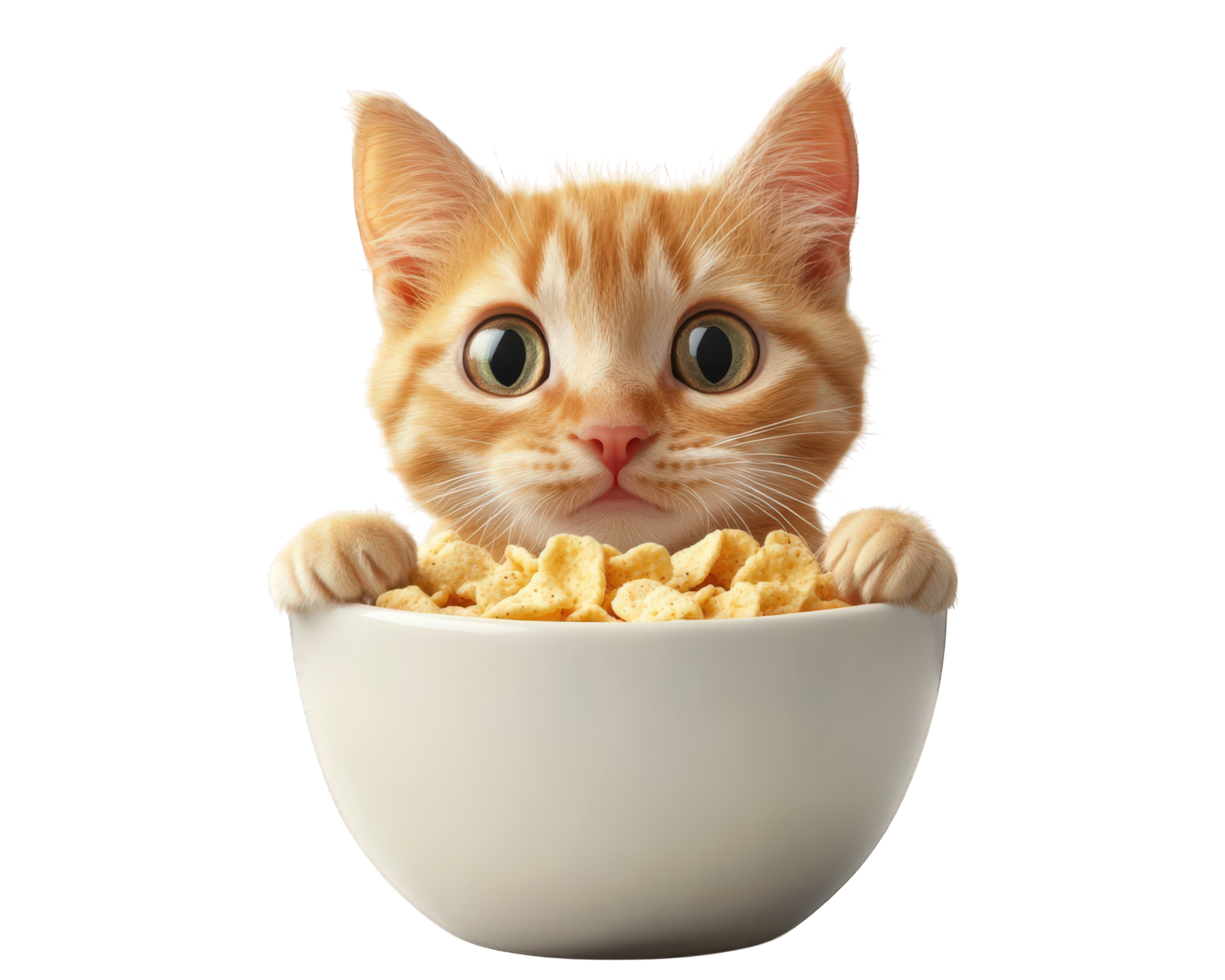A cat is sitting in a bowl of cereal png