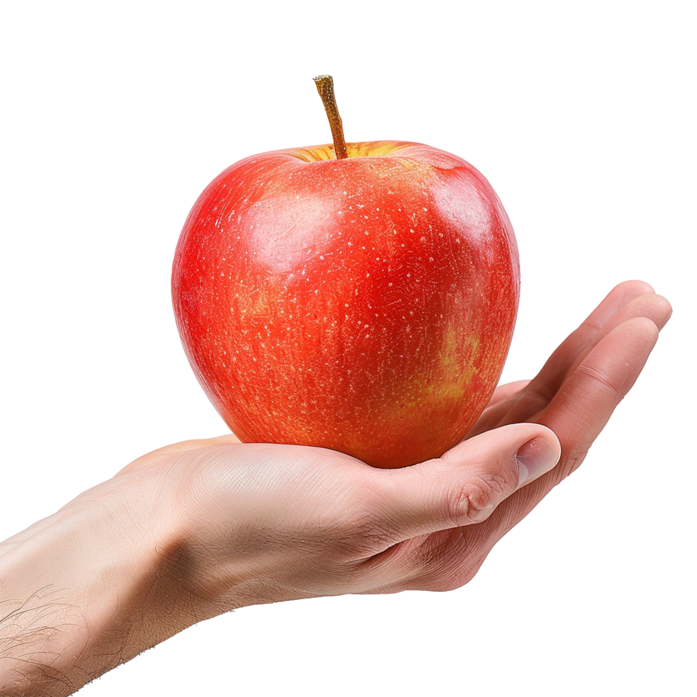 A hand gently holding a ripe red apple a healthy fruit offering png
