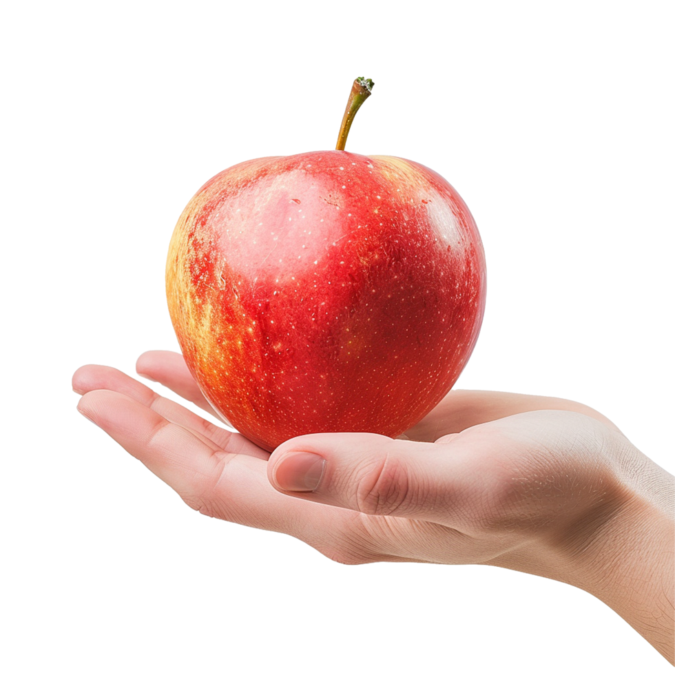 A Single Red Apple Held Gently in an Open Palm A Closeup Studio Shot of a Fresh Red Apple png