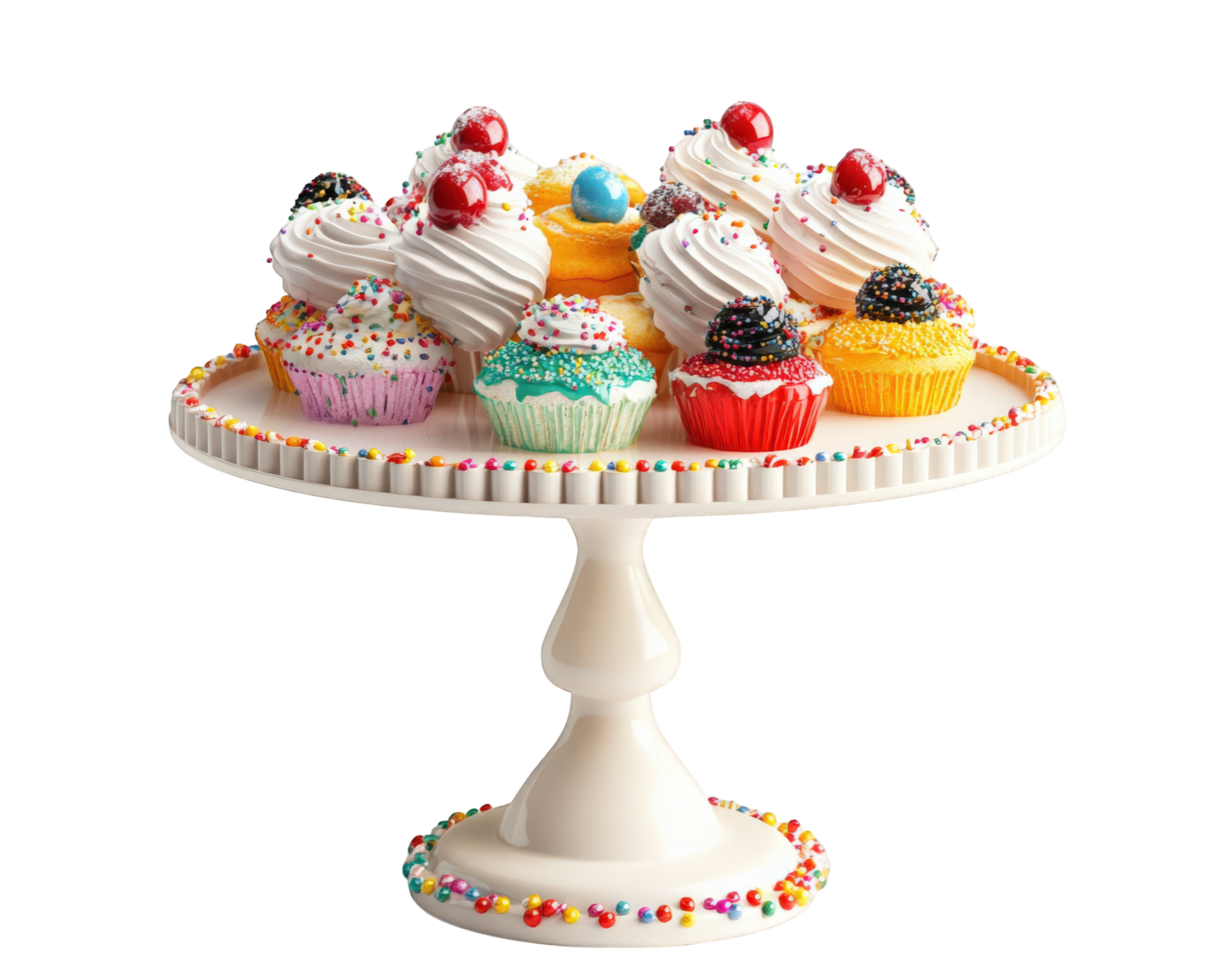 A cake stand with a variety of cupcakes on it png