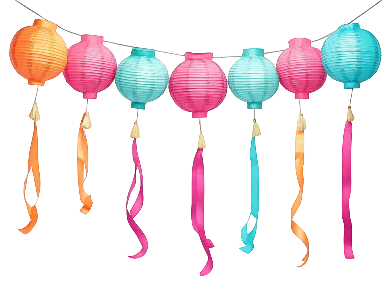 Colorful paper lanterns hanging on a string png