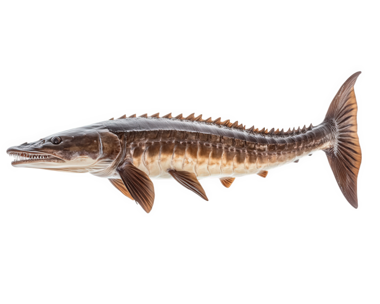 majestic sturgeon with long snout, showcasing its unique features and textures, isolated on transparency background. This fish is known for its impressive size and ancient lineage png